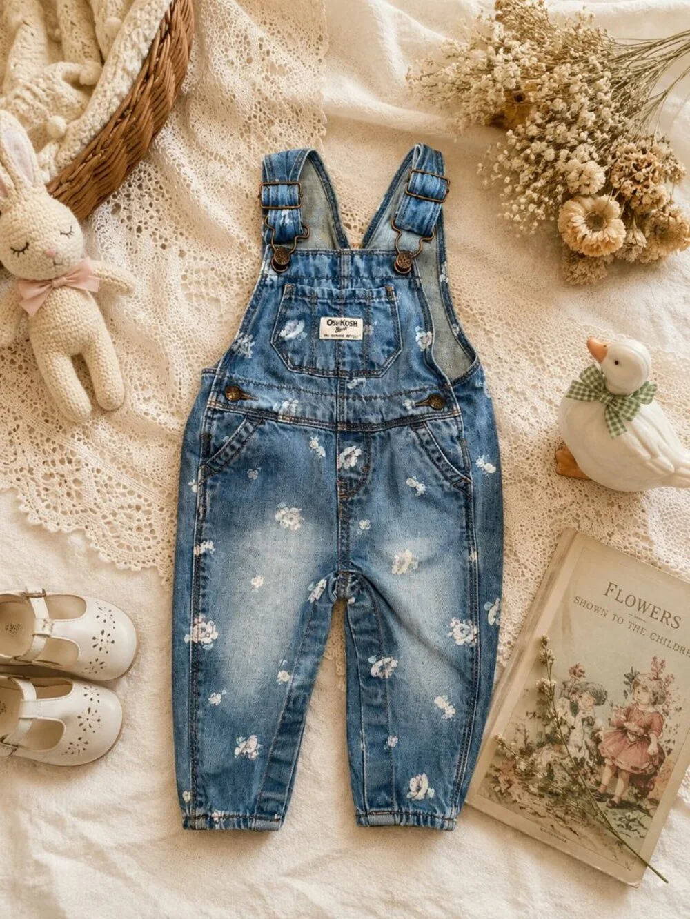 Cottagecore OshKosh B’gosh Floral Denim Overalls Girls Vintage 90's Style 9M
